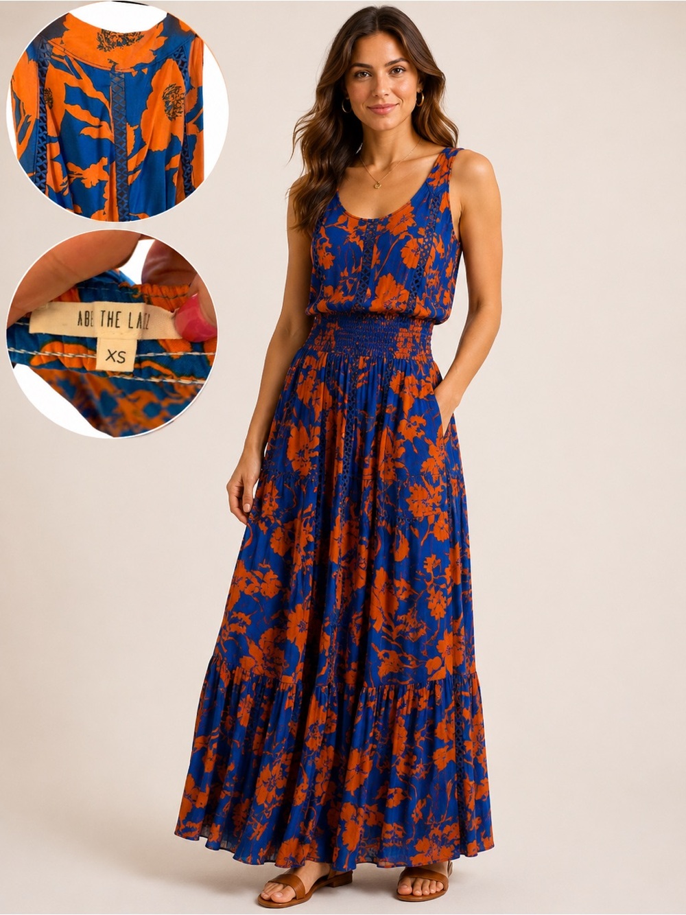 Able The Label Maxi Dress XS Blue Orange Floral Smocked Boho Sleeveless